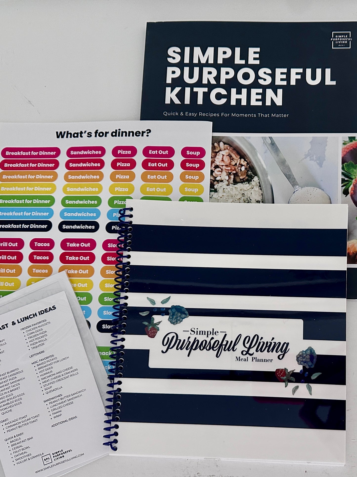 Image of Simple Purposeful Living Complete Meal Planning Bundle - 52-Week Meal Planner, Simple Purposeful Kitchen cookbook, Accessory Kit, Sticker Set. Ideal for stress-free meal prep and organized dinners. Save money with bundle deal! Free priority shipping, no code required. Shop now for ultimate meal organization!