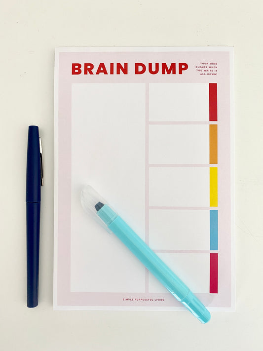 This unique notepad helps you clear your mind and brain clutter and make a decision.  Simple Purposeful Living's Brain dump notepad helps you with your brain dump exercise.