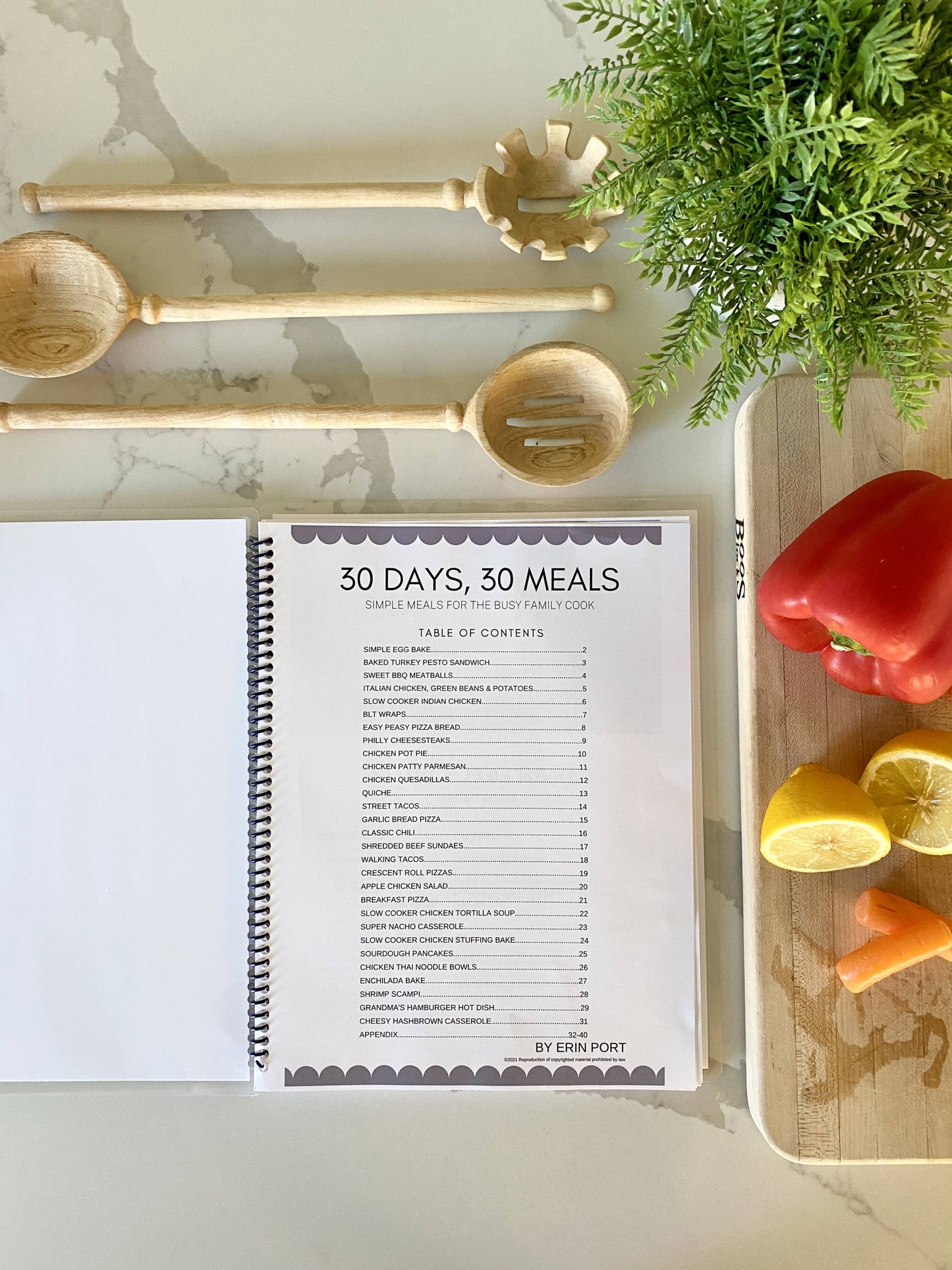 30 days 30 meals cookbook printed table of contents