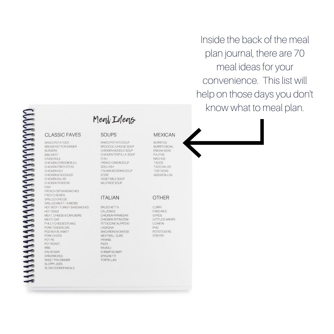 Best Selling Simple Purposeful Living 52 week meal planner meal planning spiral bound notebook with tear off grocery list.  Back cover includes 75 meal ideas for dinner meal inspiration.